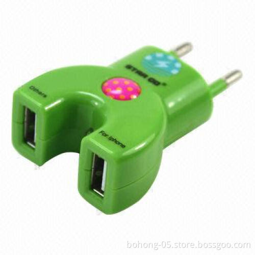 Mini U-shape USB car charger with four connectors, MOQ is 500pcs per each color